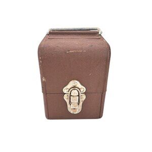 Vintage Simonsen 8mm Film Canister Case Brown Metal Handle Latch Holds 6 Cans